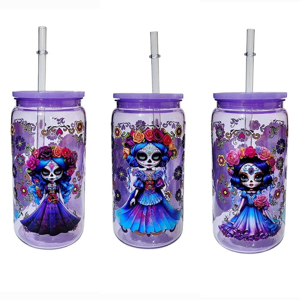 Catrina Sugar Skull Colorful Floral Acrylic Plastic Tumbler 16oz Purple